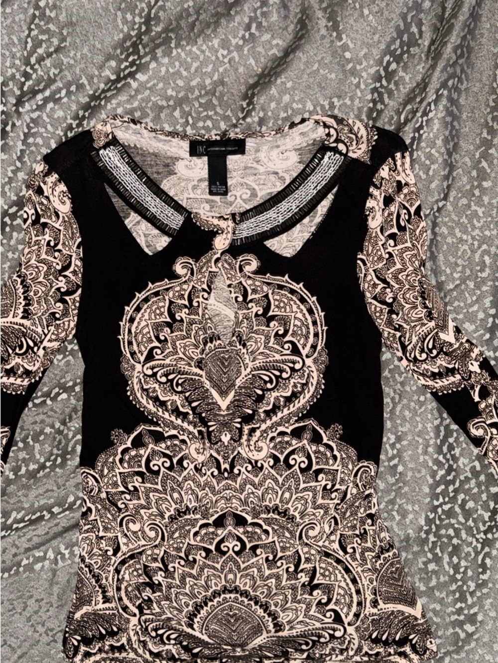 INC International Concepts Black and Cream Paisley Long Sleeve Top